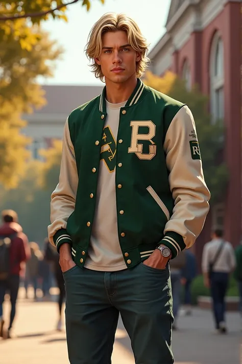 Tall young man with blonde hair and pale green eyes. Wearing a letterman’s jacket over a jersey. He’s got a face like a movie star, handsome and masculine. Setting is a campus. Photorealistic.