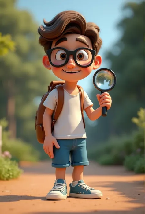  Cartoon character of a man with glasses,  wearing blue shorts and white t-shirt ,  Animated character . He has a magnifying glass in his right hand .stylized character,  animation style rendering , 3D stylized, Arnold Maya Rendering, Stylized 3D render, t...