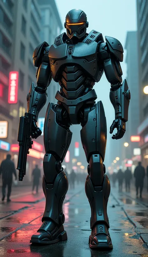 A realistic, full-body depiction of a hybrid combining ED-209 and RoboCop, set against the same dystopian city street at night with neon signs and a faint drizzle. The hybrid has the towering, robust frame of ED-209, seamlessly integrated with the sleek, h...