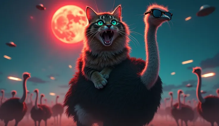 full front view of a very scared Tabby long dark brown and black hair tabby Maine Coon cat with turquoise but NOT glowing eyes open wide in excitement!! riding on top of an ostrich wearing cool sunglasses, cat is riding on it like if it was a horse,escapin...