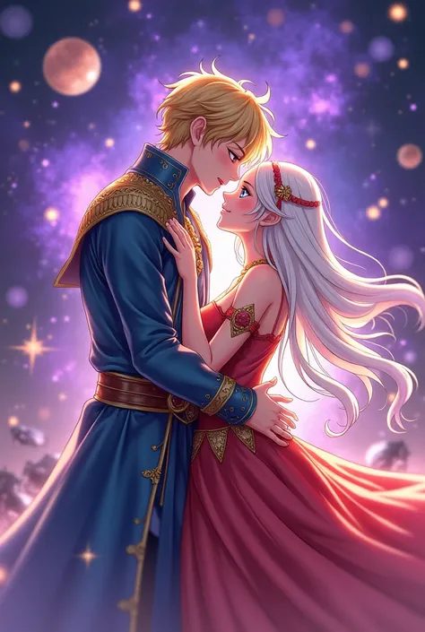  Draw a scene of a guy about 18 years old blond  , very young blue eyes ,  wearing a white medieval european robe is hugging a girl about 18 years old with white hair with bright red eyes , wearing princess style dresses both are very happy  , the backgrou...