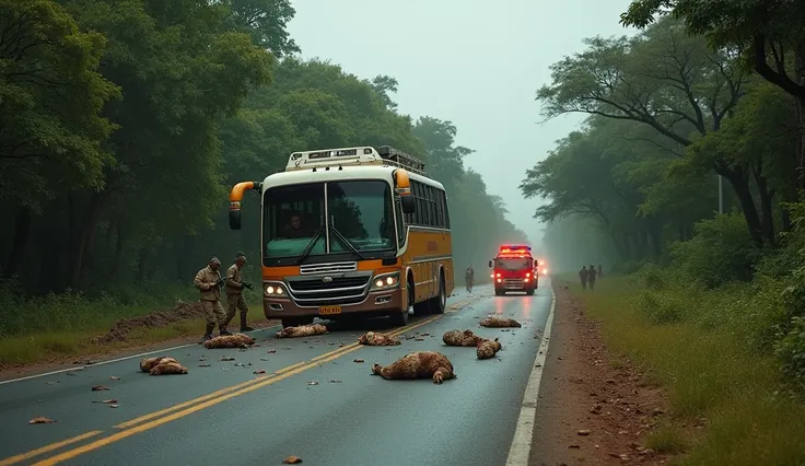 Une scène dramatique montrant un bus  de voyage qui a fais un accident  sur une belle route africaine sinueuse, entourée dune forêt  et menaçante. Faisant plusieurs morts par terre. En arrière plan les pompier .