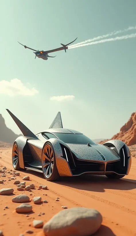 This image portrays a futuristic hybrid vehicle seamlessly blending natural and technological elements, set against a vast, arid landscape. The vehicle’s design mimics the sleek, aerodynamic form of a hawk, with sharp, angular contours resembling outspread...