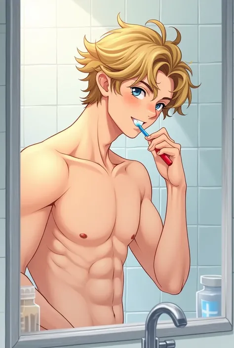 Anime handsome boy who is  with curly blond hair brushing his teeth 