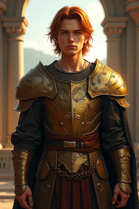 Young clean-shaven man with Half-long red hair, yellow eyes, wears a chainmail chest plate, gold bracers and lower leg armor.