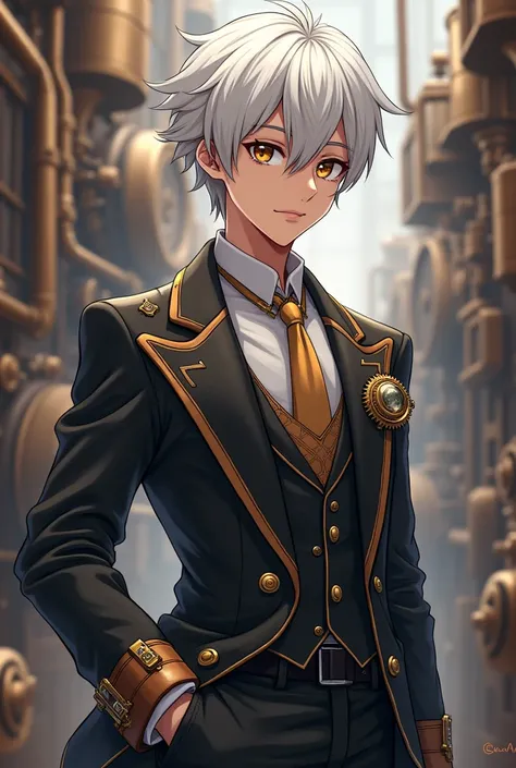 20 year old anime guy with white hair in a steampunk suit 