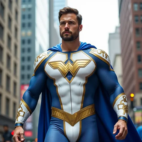 Muscualer Superhero with short brown hair and beard, pale grey eyes, handsome. Walking through city, Superhero wearing white Superhero suit with blue patterns, accented with gold greek symbols and patterns and has gold wonder woman symbol on chest, has a b...