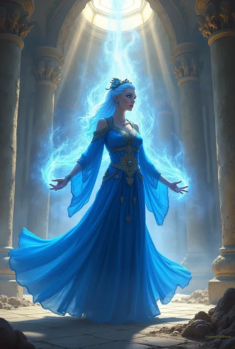 Generate a painting of the Blue Princess ,  character from the Fire Nation Avatar series ,  while entering an abandoned air temple, Blue rays must come out of her fingers  