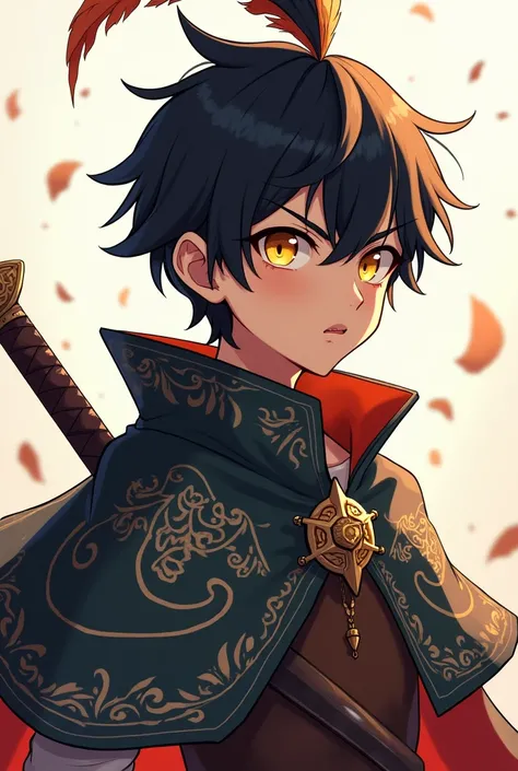 Short haired boy, black and pointed.  golden eyes . defiant expression. He is wearing a cape with engravings , , a plume over his head and a sword..   anime style 