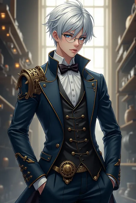 20-year-old anime guy with blue eyes, white hair and pale skin in a steampunk suit 