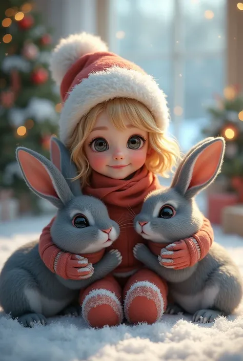 Blonde  girl celebrate the xmas with her 2 darkgreyblue bunnies