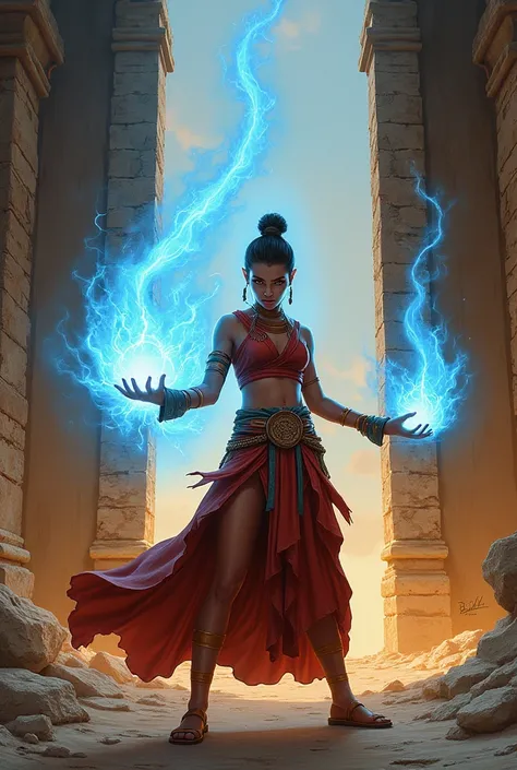 Generate a blue paint ,  character from the Fire Nation Avatar series ,  while entering an abandoned air temple, Blue rays must come out of her fingers ,  you must do the painting in art book style,  on a warm colored sheet  