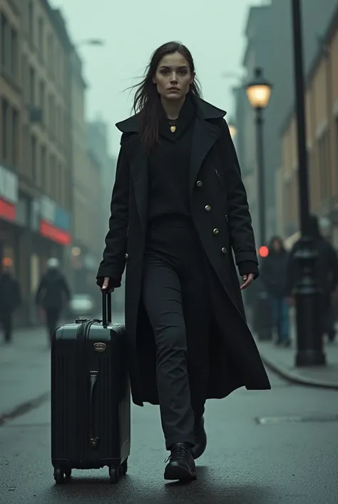  Image divided into two parts : in the first part we see a woman walking down the street with a large suitcase ,In the second stage we see that inside the closed suitcase there is a , in which we do not see the body that is hidden in black spandex and with...