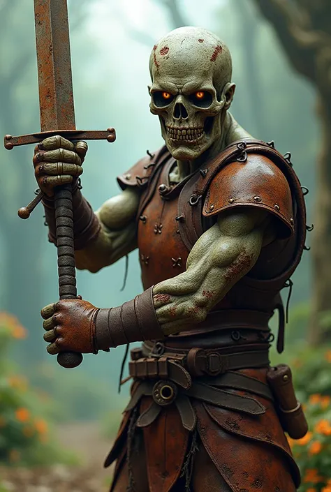 Adult zombie warrior with leather armor and rusty iron sword Disney version