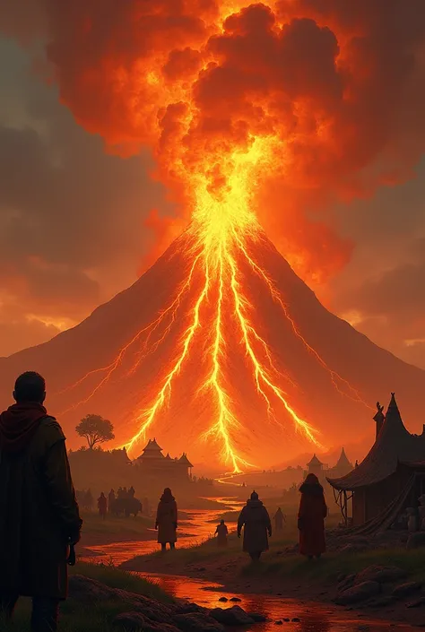  A powerful volcano erupts and throws glowing lava into the air,  which forms like a protective wall around a small settlement . People watch in awe ,  as the lava flow repels attacking creatures .