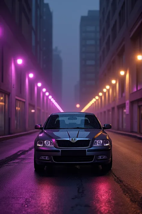 a skoda octavia 2004 model car is darknight street between the parking with purple and yellow city lights under