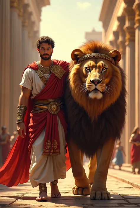 A man walks with a lion dressed in Roman
