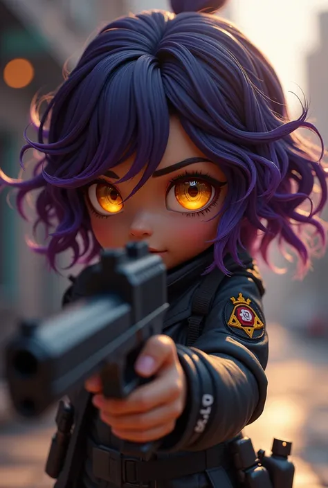 A cute girl with brown skin, sexy body, wavy purple hair [with shades of black], golden eyes (shiny), ultra realistic eyes, with a pistol, jumping, with sniper outfit, Valorant Riot game, round face, realistic lighting, Radiosity, Close UP.