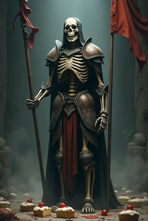 a skeleton in medieval armor inspired by Dark Souls holding a flag facing forward while there are pieces of cake on the floor 