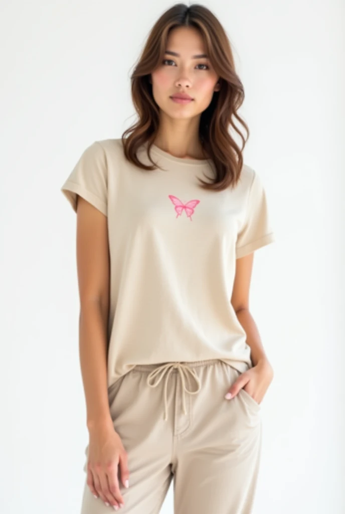 basic t-shirt in beige with a simple pink butterfly print and comfortable pants for a medium size woman with a pale complexion posing on a white background