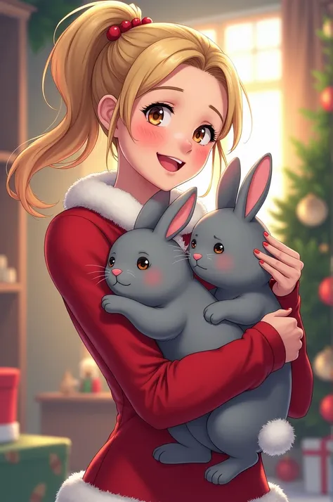  blond waterpoloplayer girl celebrate xmas with her 2 grey-bluw bunnies