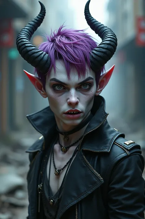  create an image of a character based on the following characteristics:
 - not human
- horns
- clothes drop  (grunge)
 - short hair
- male
- white skin  (white literal )
 - horns
- sharp teeth
- hair color : # 7B68EE
- pink highlights in the hair 
- black ...