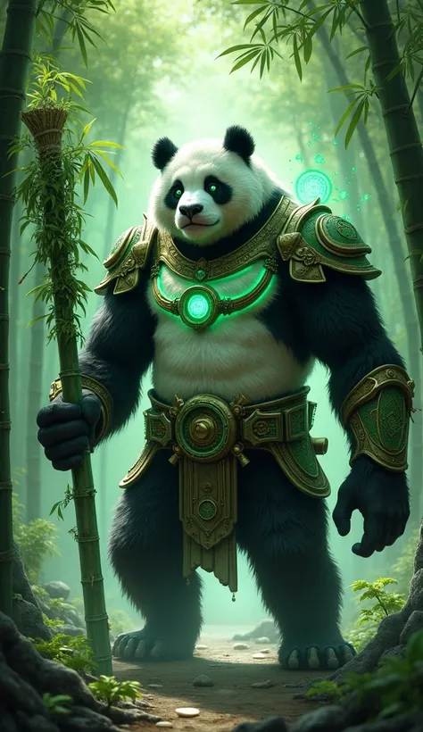 Create a powerful fusion hybrid of a panda and a gorilla, reimagined as a mythical protector of the forest, combining the panda’s gentle nature with the gorilla’s overwhelming strength. This hybrid is both a guardian of peace and a force to be reckoned wit...