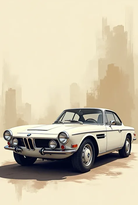 Magnifique BMW CSL 3l, blanche,design graphic vintage, beaucoup de détails, image vectorielle, très réaliste, arrière-plan abstrait, vieille publicité française