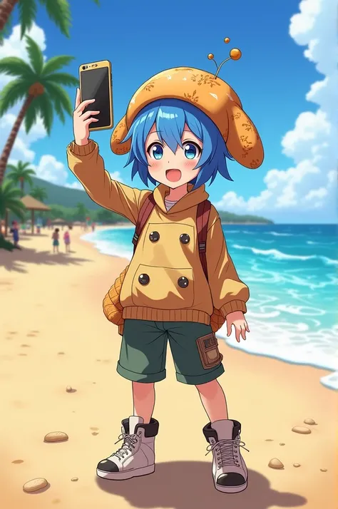 A blue-haired boy wearing a bread contest who took a selfie with his smartphone above his head on the beach in the anime