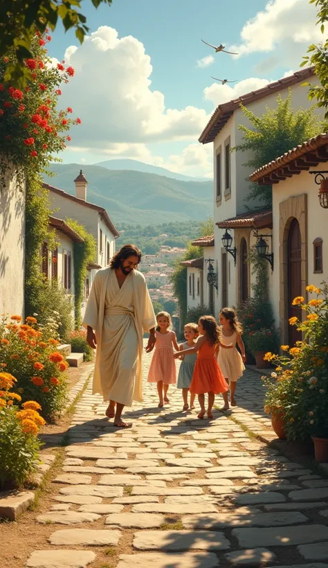 In a picturesque, peaceful village, nestled among rolling hills, Jesus walks through a cobblestone path, surrounded by a group of joyful ren. The village is bathed in warm, golden light, with whitewashed houses and vibrant flowers blooming in every corner....