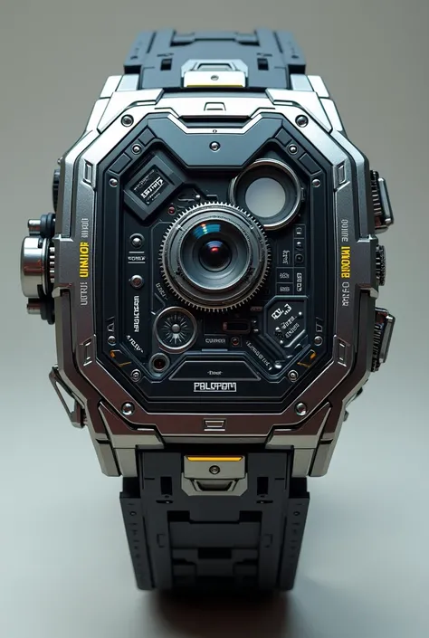 A super high tech watch, futuristic, camera installed, multi level thick watch, multiple screens, multiple buttons, big watch, iron man type build