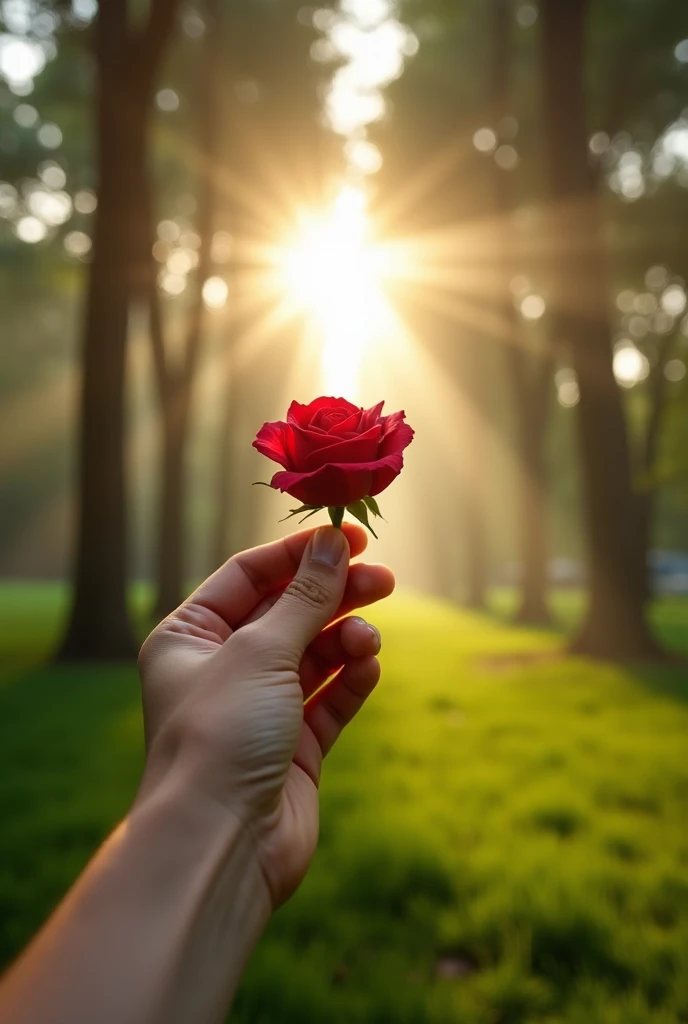 Showing a hand holding a rose.A photograph of the sun shining through trees, with rays forming an array of beautiful light beams in front of and behind the trees. The camera is positioned at ground level, looking up towards the sky. In the background, ther...