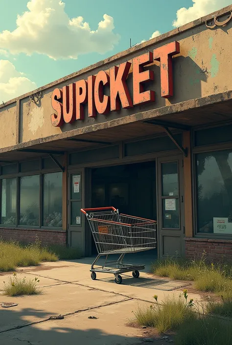 Realistic image: abandoned supermarket destroyed at the door clogged with a market cart in the afternoon film filter 