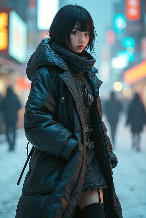 "Cyborg Girl、Android Girl、 Cyberpunk World 、　 25 year old Japanese woman、　Ghost in the Shell、　 Blade Runner 、gun,Dominator,Clear Photos、　 beautiful skin、　16k quality、winter,sunny,coat,  、　Long limbs、　last honors, slit skirt,  real photo."