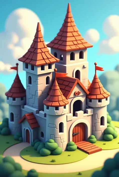 Isometric small castle building, close up, cartoon style, mobile game, primitives, stone, wood, no humans, daylight from top left side