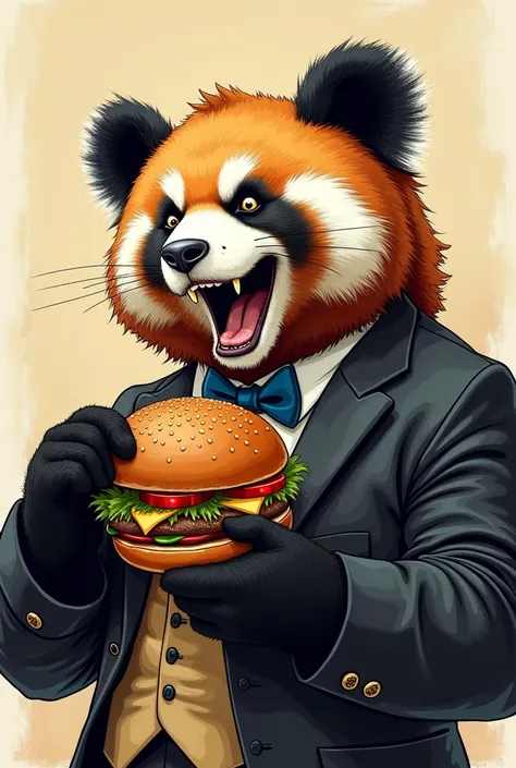 a close up of a urso panda eating a burger, extremely detailed urso panda, anthropomorphic urso panda, urso panda eating burger, a urso panda wearing formal clothes, a person with a urso panda head, extremely happy urso panda, urso panda strong, urso panda...