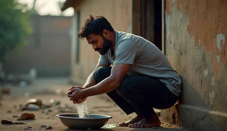 I want to see a picture of a 30-year-old Indian man washing clothes. He is wearing a grey shirt and black pants. The picture should be realistic and detailed, with cinematic lighting and setting. The aspect ratio should be 16:9.