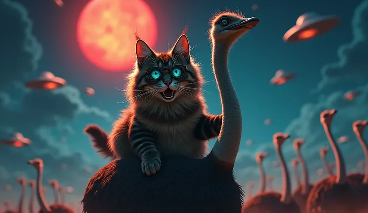 full front view of a very scared Tabby long dark brown and black hair tabby Maine Coon cat with turquoise but NOT glowing eyes open wide in excitement!! riding on top of an ostrich wearing cool sunglasses, cat is riding on it like if it was a horse,escapin...