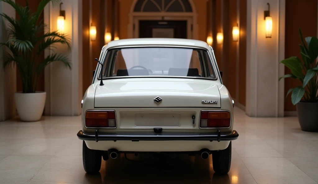 Back view of a vintage Maruti Suzuki 800 (model 1983 car, white color, parked indoors with a modern and sophisticated setting. The maruti Suzuki has round headlights, a black grille with the Suzuki logo, and a classic design bumper. The indoor space has am...