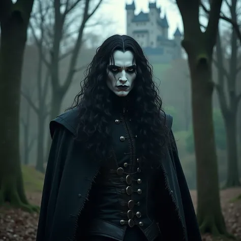  Dense Wooded Forest . Gothic vampire man,  long hair,  extremely white skin , Sturdy and tall , 18th century outfit , Dark clothes, terrifying look ,  hyperrealistic,  in the background of a distant castle on top of a hill . Darkness and Evil . 20 years, ...