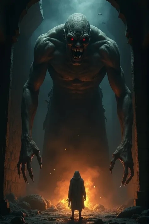 A horrifying figure with sunken, coal-black eyes, stretched skin, and jagged yellow teeth, towering over the protagonist in a dark room lit by the flickering fireplace.
Generate in 16:9