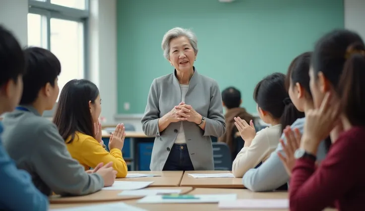 "A modern Korean classroom where young students are attentively listening to an elderly teacher. The teacher is teaching a lesson, while students show respect with gestures such as bowing or raising their hands to ask questions, showcasing the traditional ...