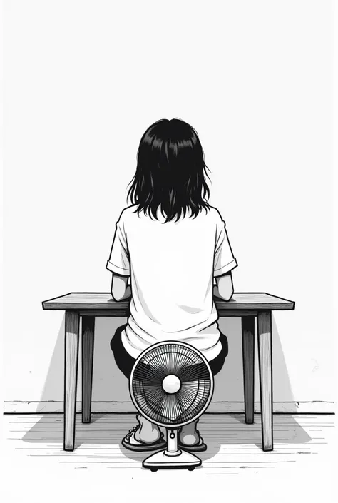 Draw 2d back of girl on a table study in room and have small Panasonic standing fan in front her. And make it more 2d, like raw picture and just black and white