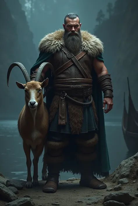 Create a Viking man holding a goat behind his paws in a dark and shady place with biking boats