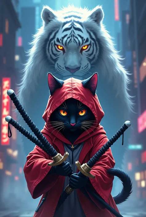 Samurai cyberpunched anime cat , Red hoodie,  sword in the mouth and two more in the hands ,  waving shadow of guardian white tiger, 