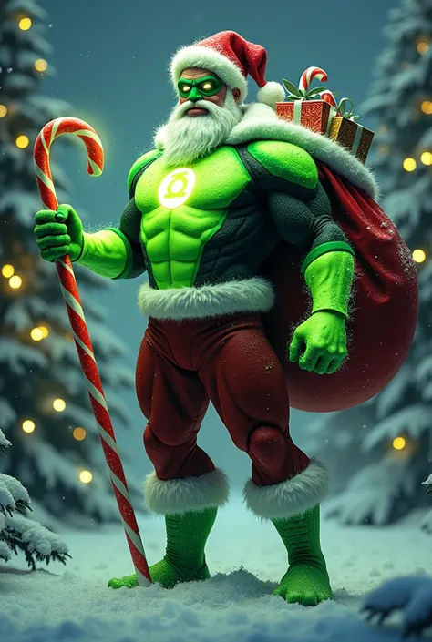 "A fascinating hybrid entity combining Green Lantern’s energy constructs and willpower with Santa Claus’s festive charm stands proudly in the same snowy wonderland under a twilight sky. The creature’s upper body is that of Green Lantern, wearing his glowin...