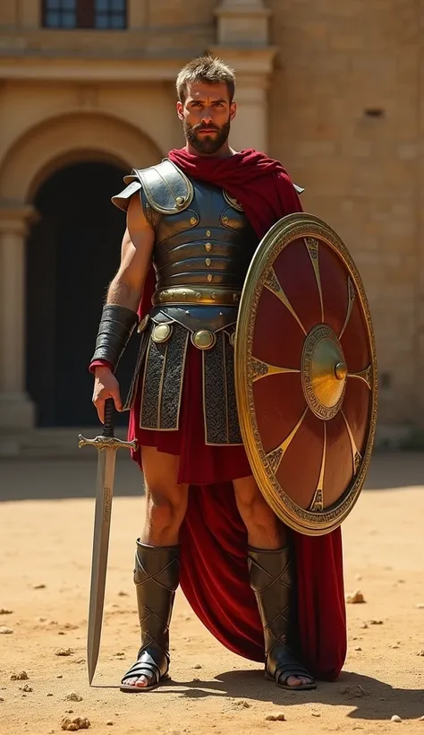 A full-body, wide-angle depiction of Erling Haaland wearing traditional gladiator armor from the Ancient Roman era, rendered with absolute realism in every detail. He holds a sword in one hand and a shield in the other, standing confidently with a powerful...