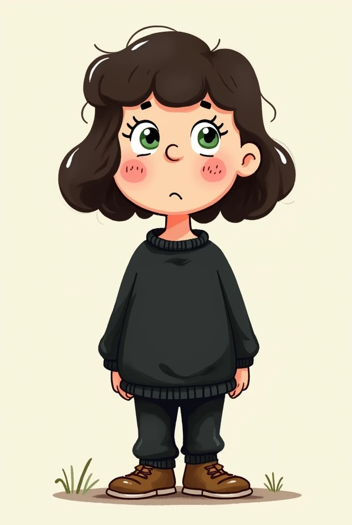  A girl with the Peanuts drawing style,  with dark brown hair , green and white eyes , That she is dressed in a black sweater and pants 