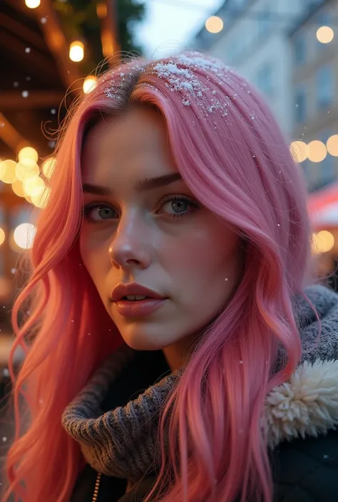 a pink-haired young woman, long hair, at the christmas market in munich, detailed facial features, beautiful detailed eyes, beautiful detailed lips, extremely detailed face, longeyelashes, girl in winter clothes, snow, christmas lights, festive atmosphere,...