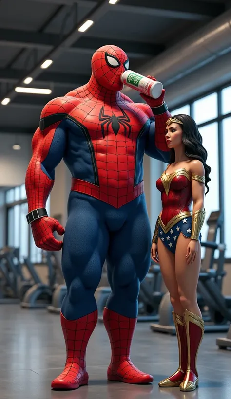 Fat Spiderman drinks minerals given to beautiful Wonder Woman at the gym. realistic 3d 